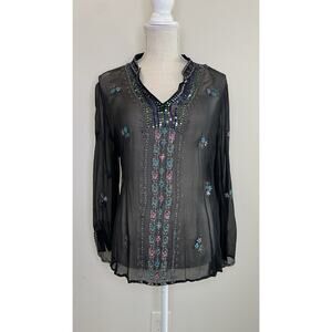 Silkland 100% Silk Embroidered Beaded Sequined Blouse Sheer Rainbow Black L